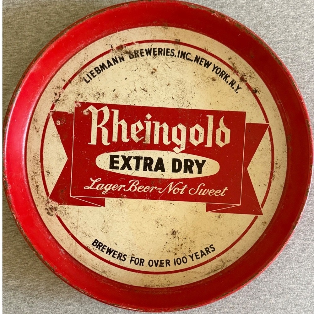 Vintage Rheingold Extra Dry Beer Tray Red Metal Round Barware NYC Americana